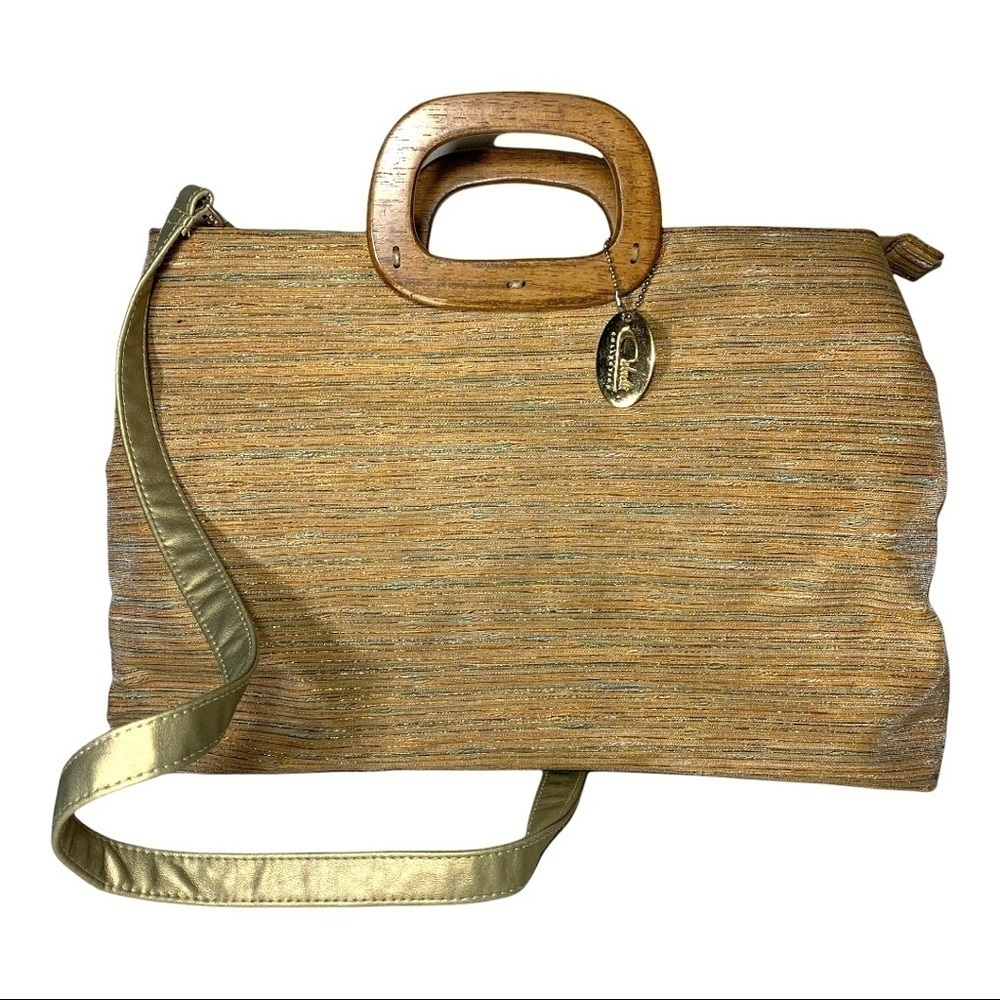 Cabrelli Vintage Tapestry Style Hand Bag Earth Tone Golden Wooden Handle ZipTote